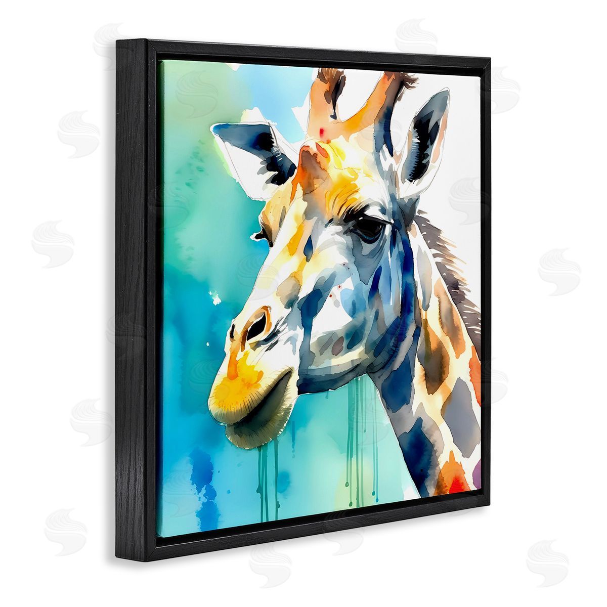 Giraffe with Blue Splash Black Floating Frame Canvas Wall Art, Home Decor by Walker Noble