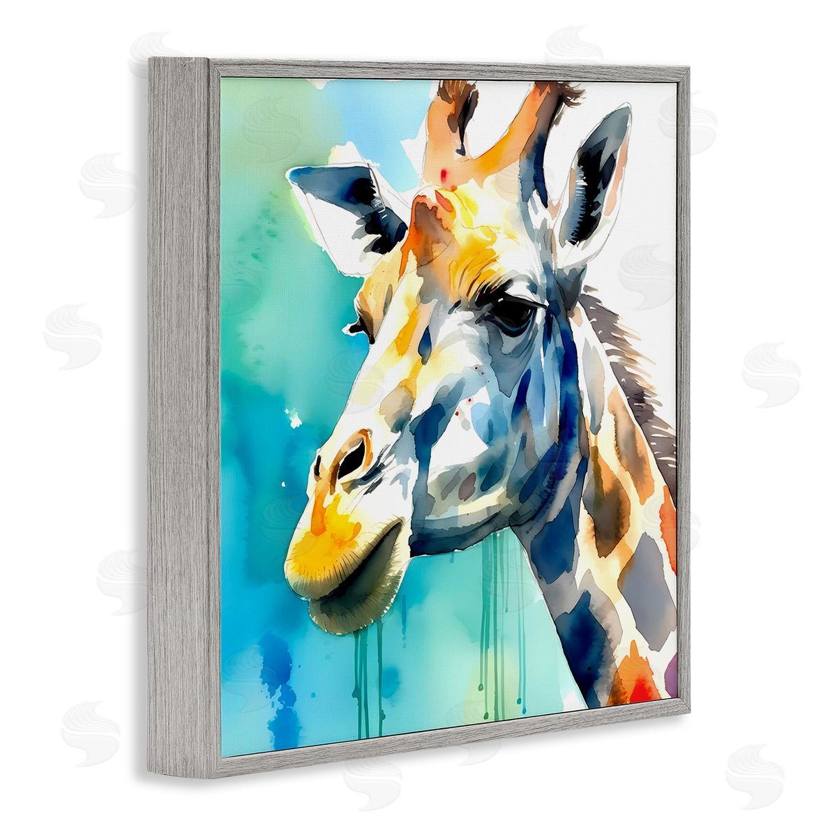 Giraffe with Blue Splash Grey Frame Print Wall Art, Home Decor by Walker Noble