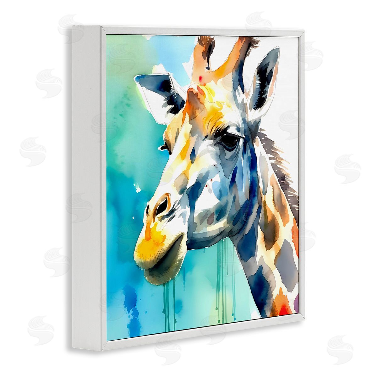 Giraffe with Blue Splash White Frame Print Wall Art, Home Decor by Walker Noble