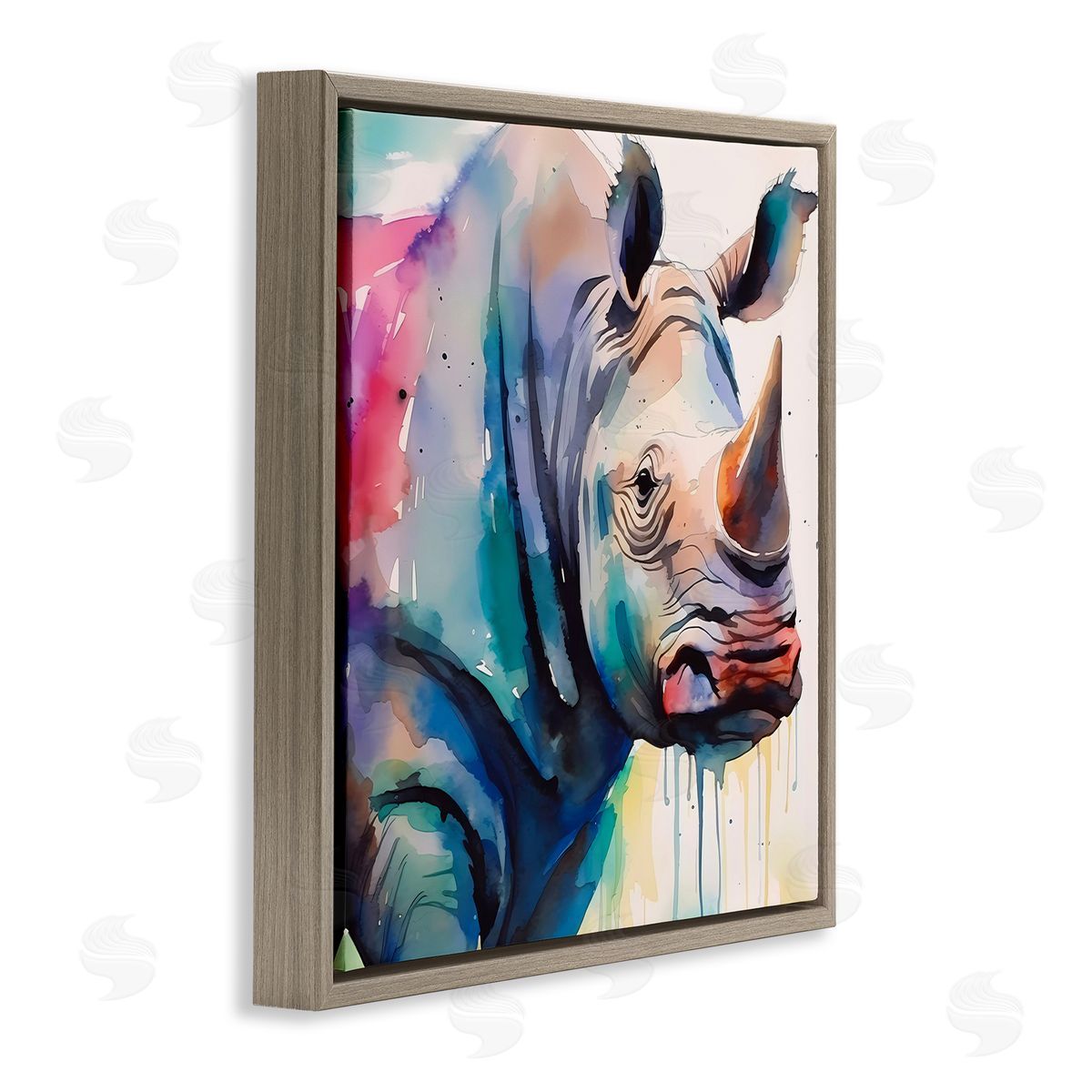 Paint Drip Rhinoceros Brown Floating Frame Canvas Wall Art, Home Decor by Walker Noble