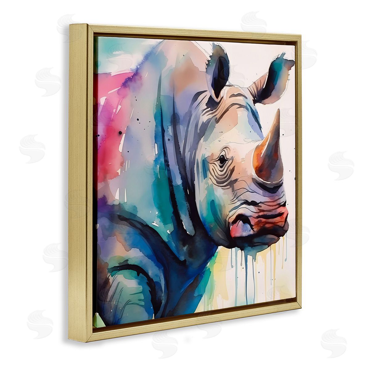 Paint Drip Rhinoceros Gold Floating Frame Canvas Wall Art, Home Decor by Walker Noble