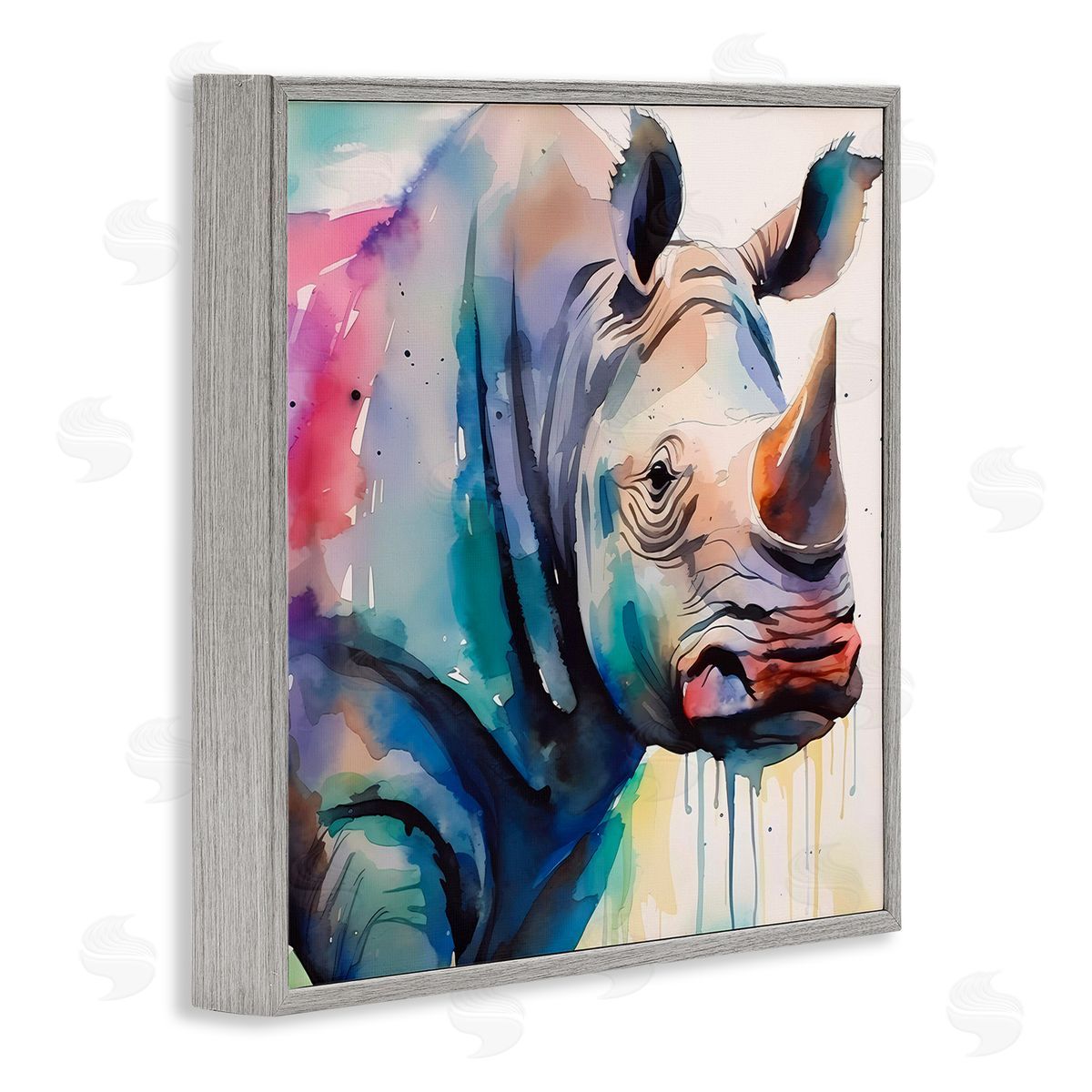 Paint Drip Rhinoceros Grey Frame Print Wall Art, Home Decor by Walker Noble