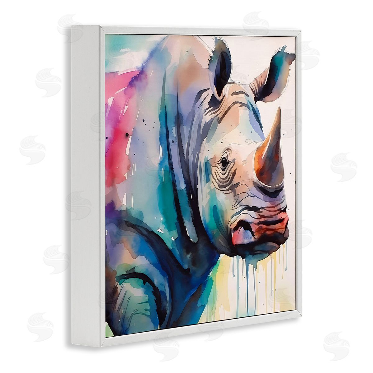 Paint Drip Rhinoceros White Frame Print Wall Art, Home Decor by Walker Noble