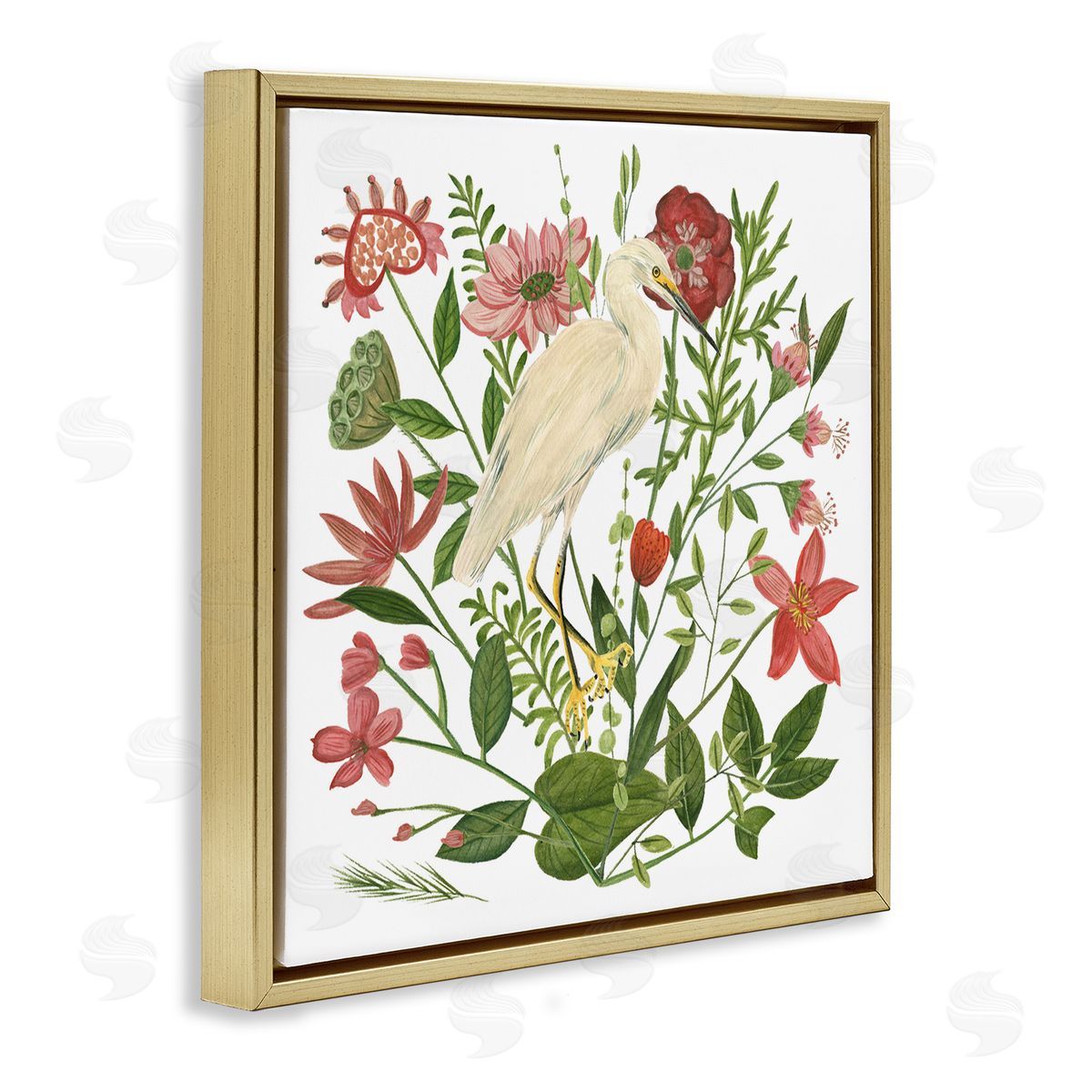 Nautical Flowers and Egret Gold Floating Frame Canvas Wall Art, Home Decor by Melissa Wang