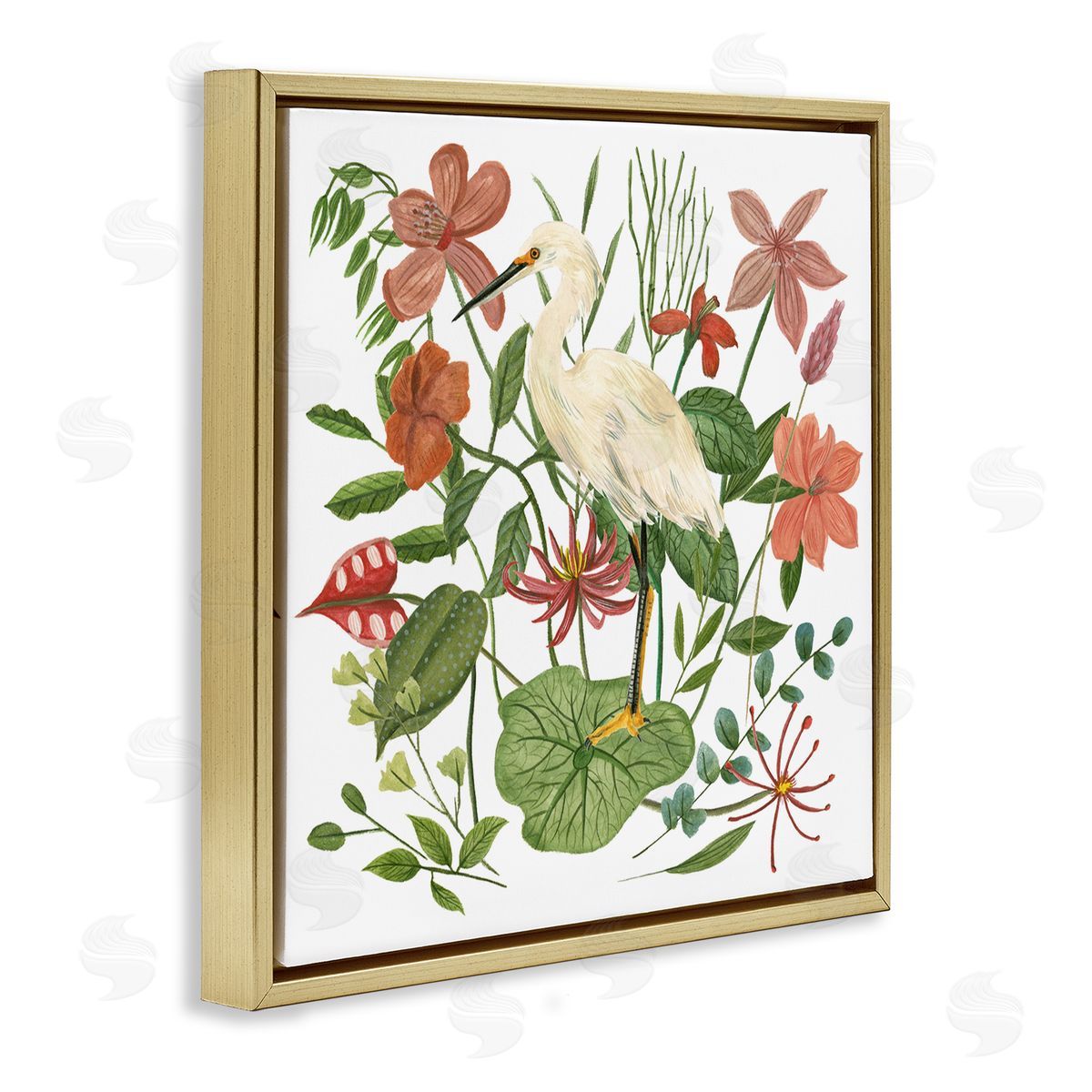 Heron with Wild Florals Gold Floating Frame Canvas Wall Art, Home Decor by Melissa Wang