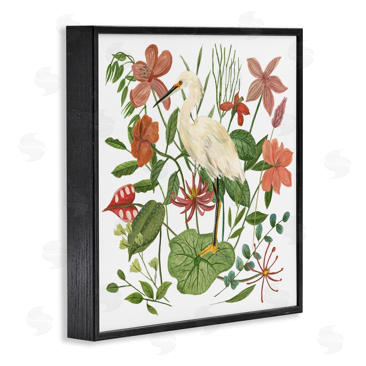 Heron with Wild Florals Black Frame Print Wall Art, Home Decor by Melissa Wang
