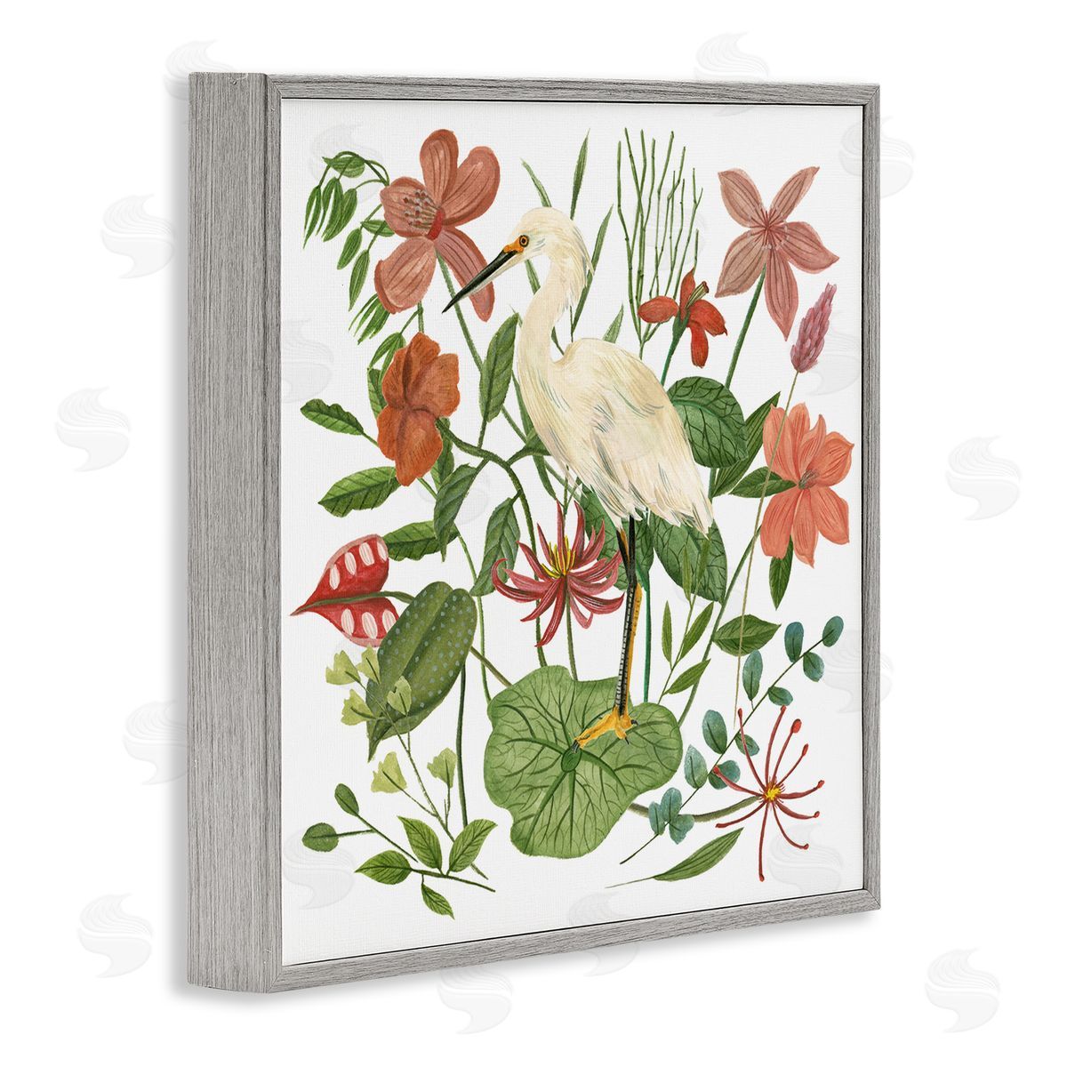 Heron with Wild Florals Grey Frame Print Wall Art, Home Decor by Melissa Wang