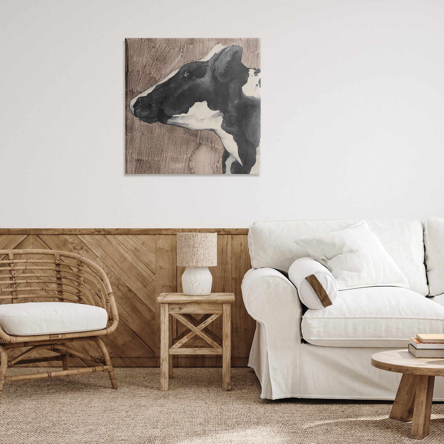 Rustic Cow Looking Left Canvas Wall Art in Room, Home Decor by Grace Popp
