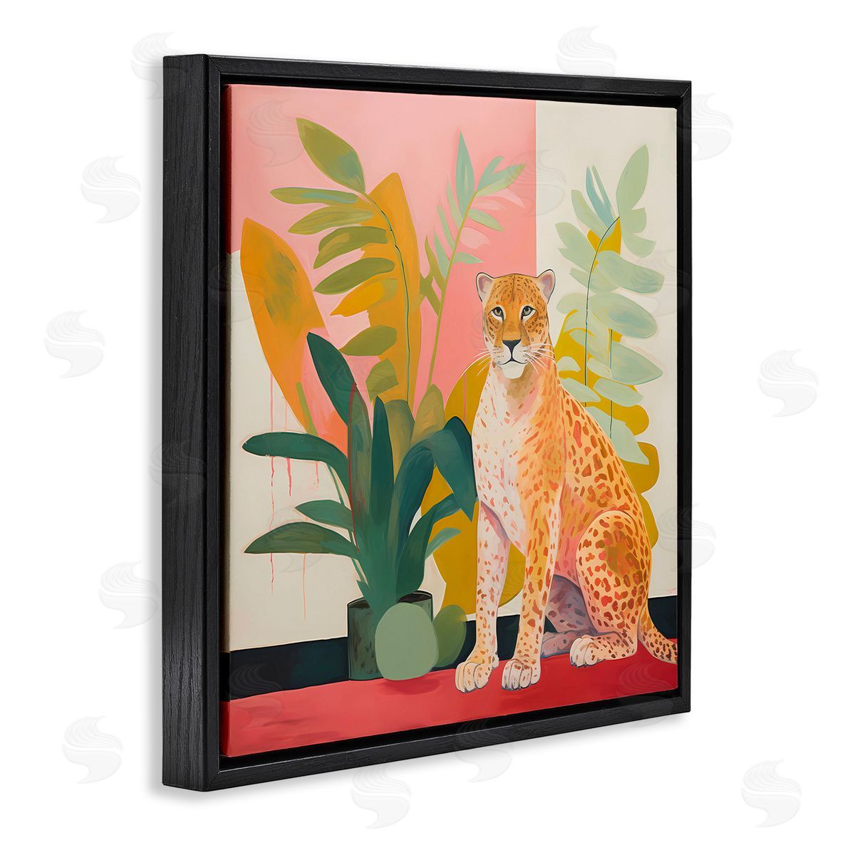 Leopard Sitting with Plants Black Floating Frame Canvas Wall Art, Home Decor by Walker Noble