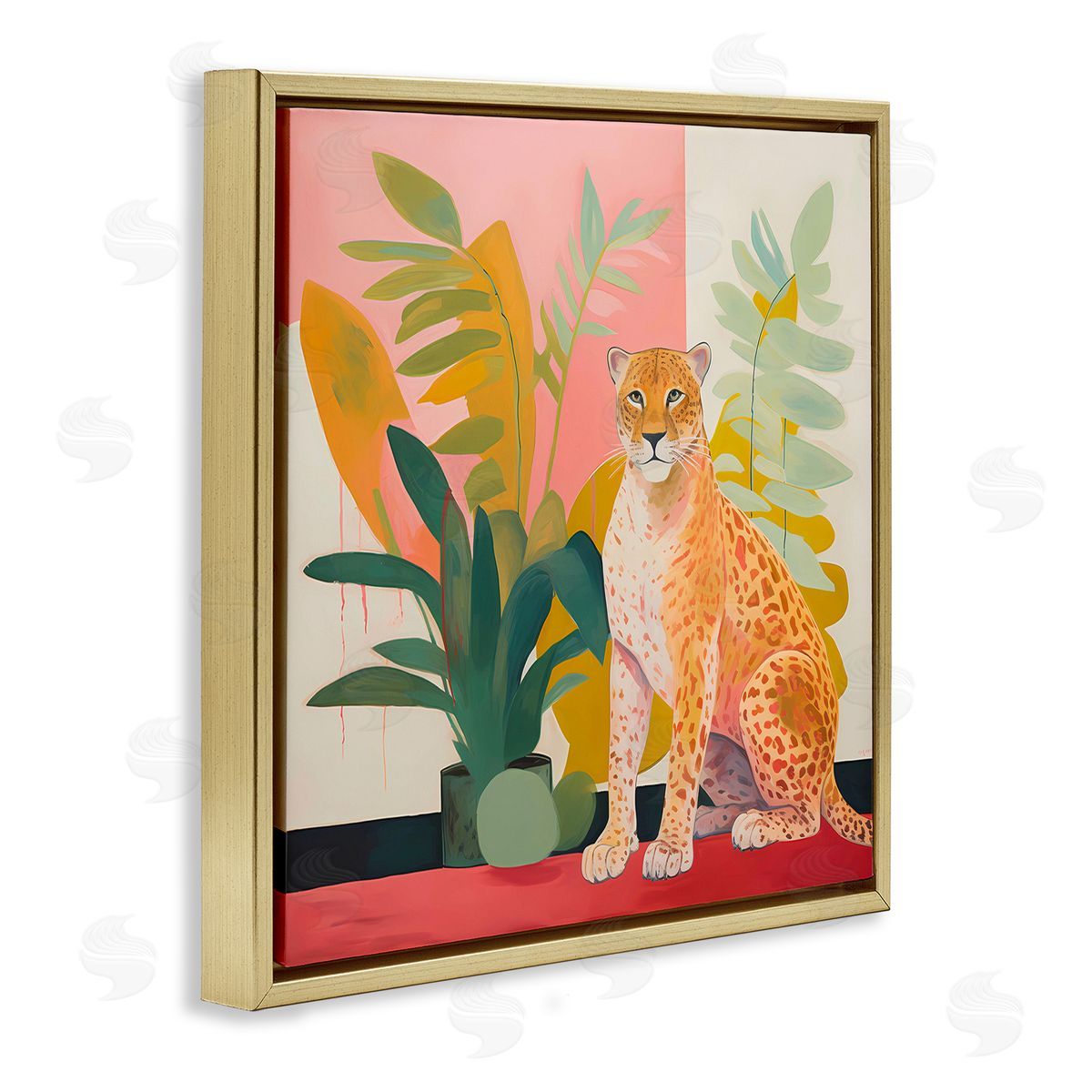 Leopard Sitting with Plants Gold Floating Frame Canvas Wall Art, Home Decor by Walker Noble
