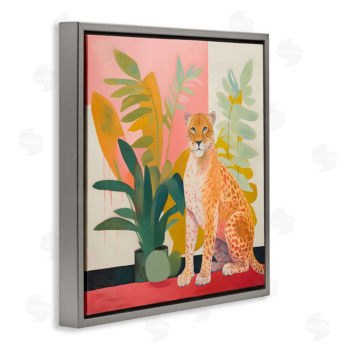 Leopard Sitting with Plants Grey Floating Frame Canvas Wall Art, Home Decor by Walker Noble