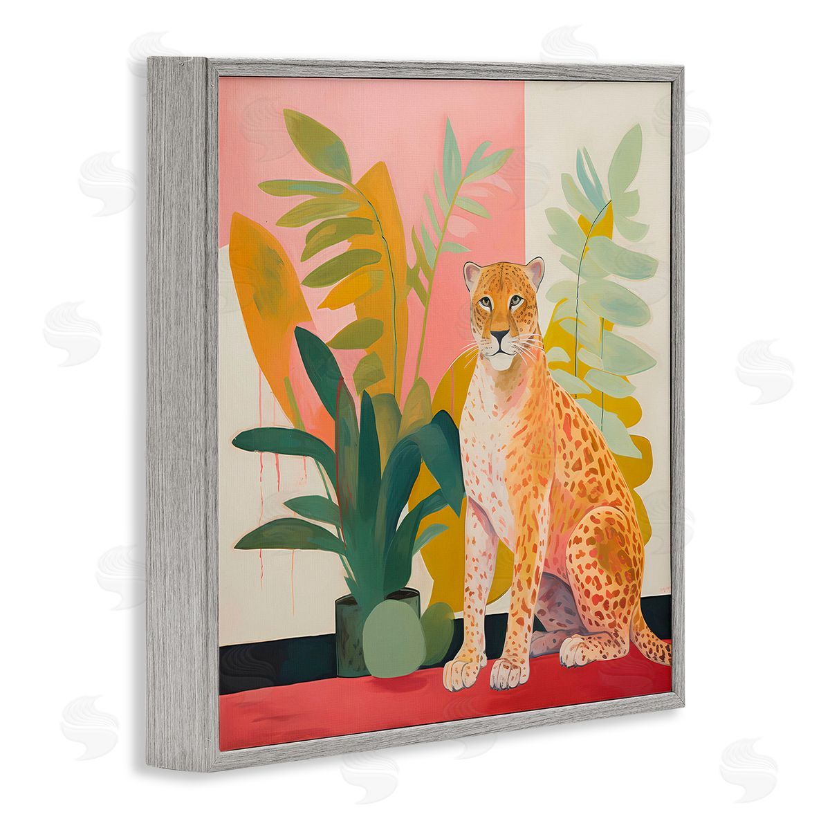 Leopard Sitting with Plants Grey Frame Print Wall Art, Home Decor by Walker Noble