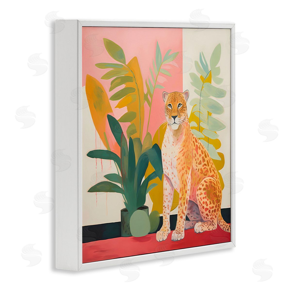 Leopard Sitting with Plants White Frame Print Wall Art, Home Decor by Walker Noble