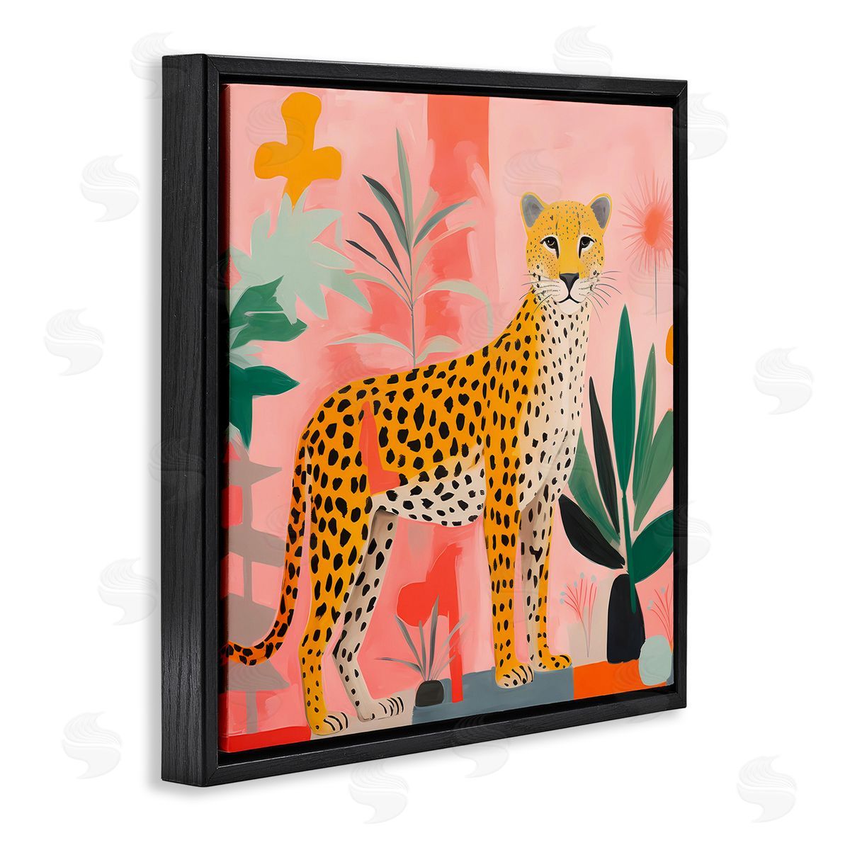 Standing Leopard and Plants Black Floating Frame Canvas Wall Art, Home Decor by Walker Noble