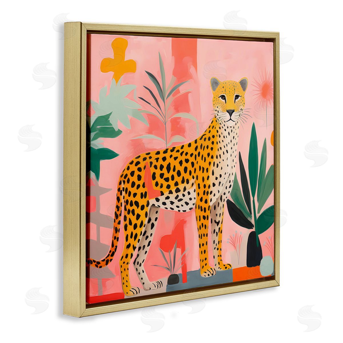 Standing Leopard and Plants Gold Floating Frame Canvas Wall Art, Home Decor by Walker Noble