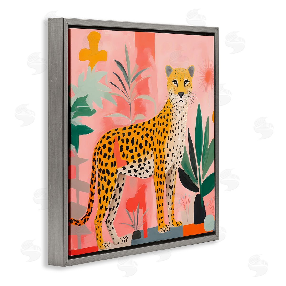 Standing Leopard and Plants Grey Floating Frame Canvas Wall Art, Home Decor by Walker Noble