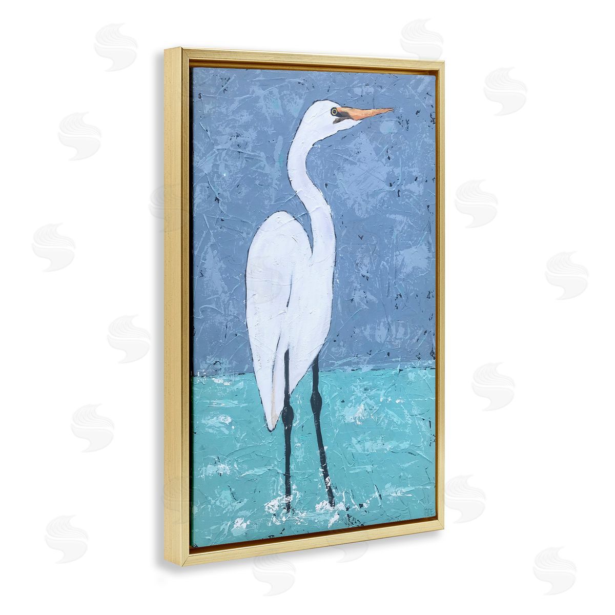 Sea Heron Standing Gold Floating Frame Canvas Wall Art, Home Decor by Jade Reynolds