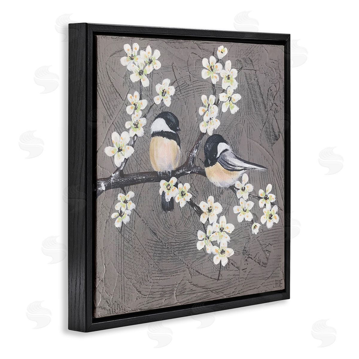 Bird Pair on Branch Black Floating Frame Canvas Wall Art, Home Decor by Jade Reynolds