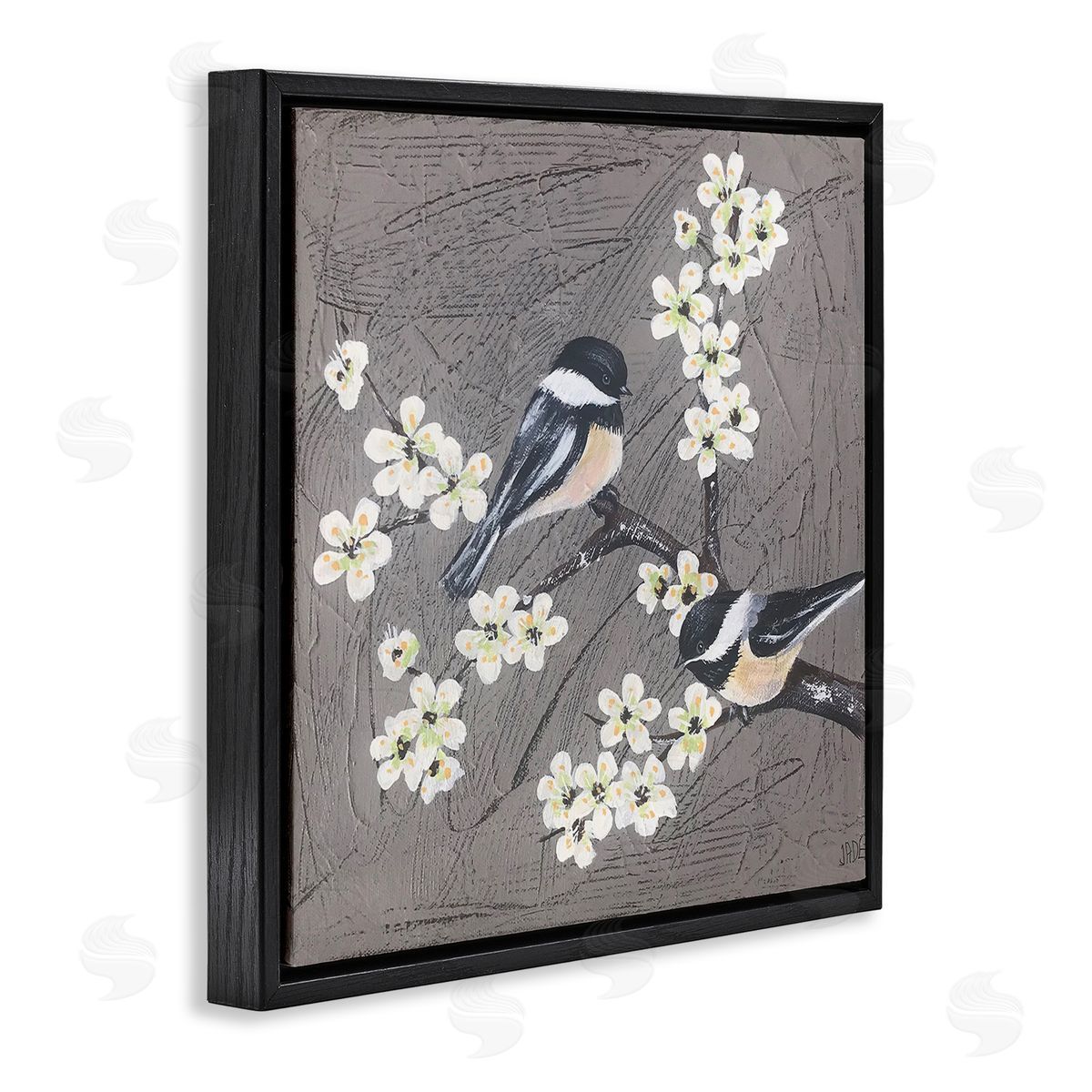 Birds and Apple Blossoms Black Floating Frame Canvas Wall Art, Home Decor by Jade Reynolds