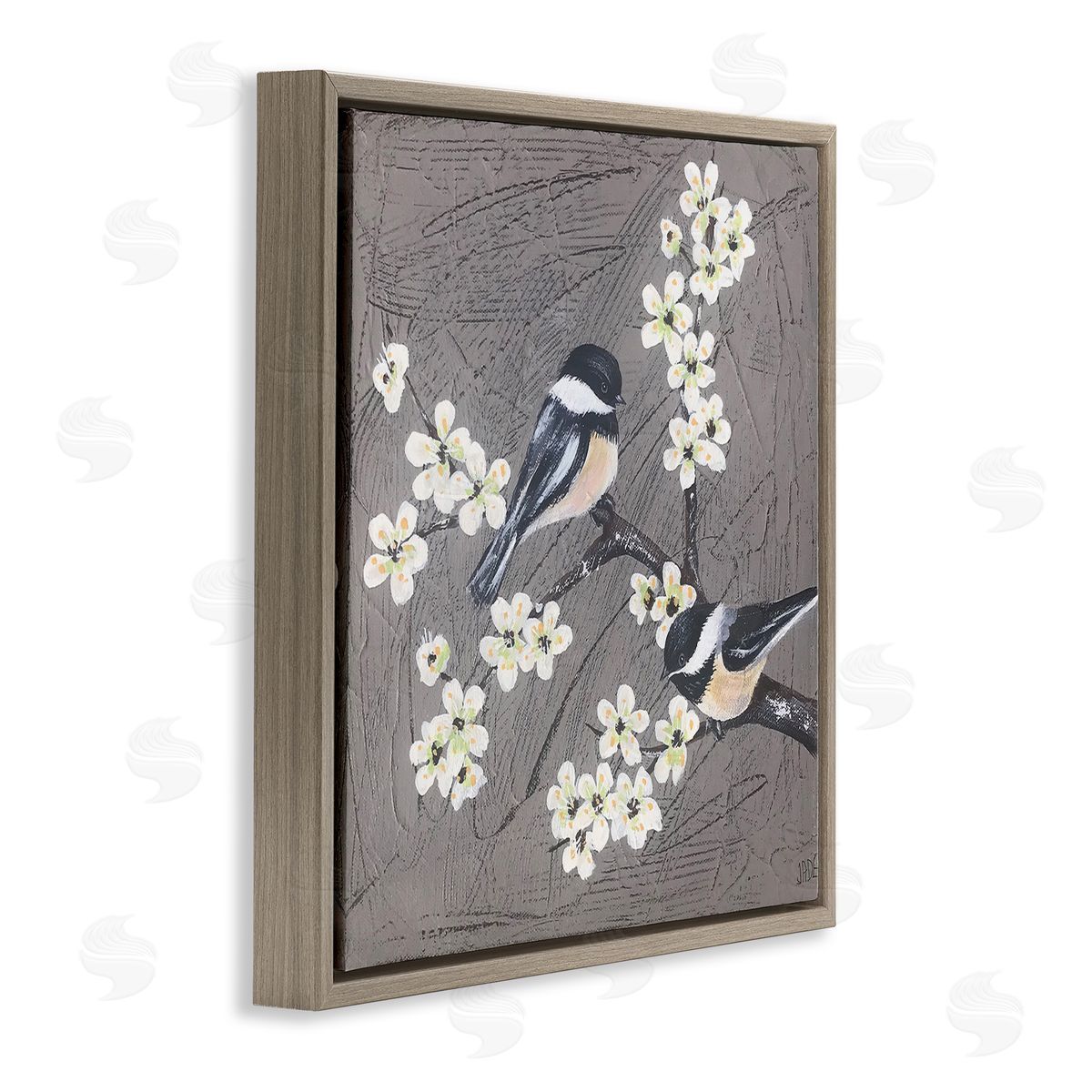 Birds and Apple Blossoms Brown Floating Frame Canvas Wall Art, Home Decor by Jade Reynolds
