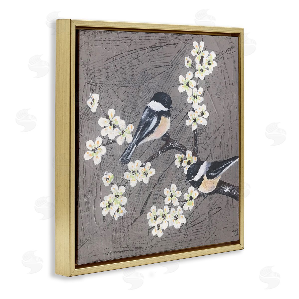Birds and Apple Blossoms Gold Floating Frame Canvas Wall Art, Home Decor by Jade Reynolds