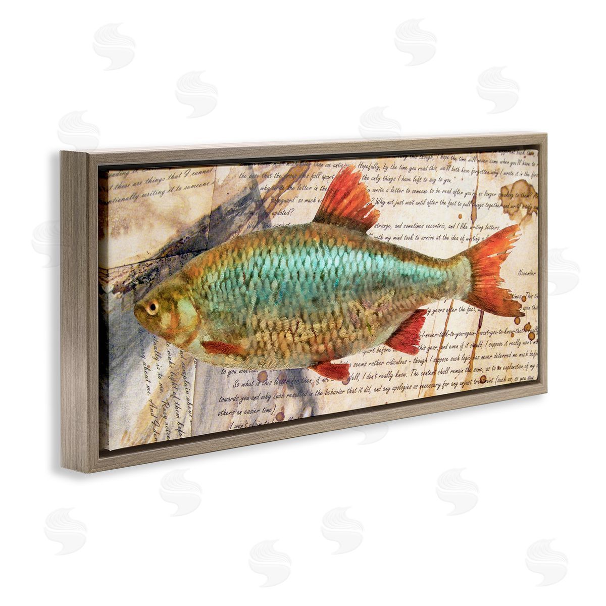 Vintage Pages and Fish Brown Floating Frame Canvas Wall Art, Home Decor by Alonzo Saunders