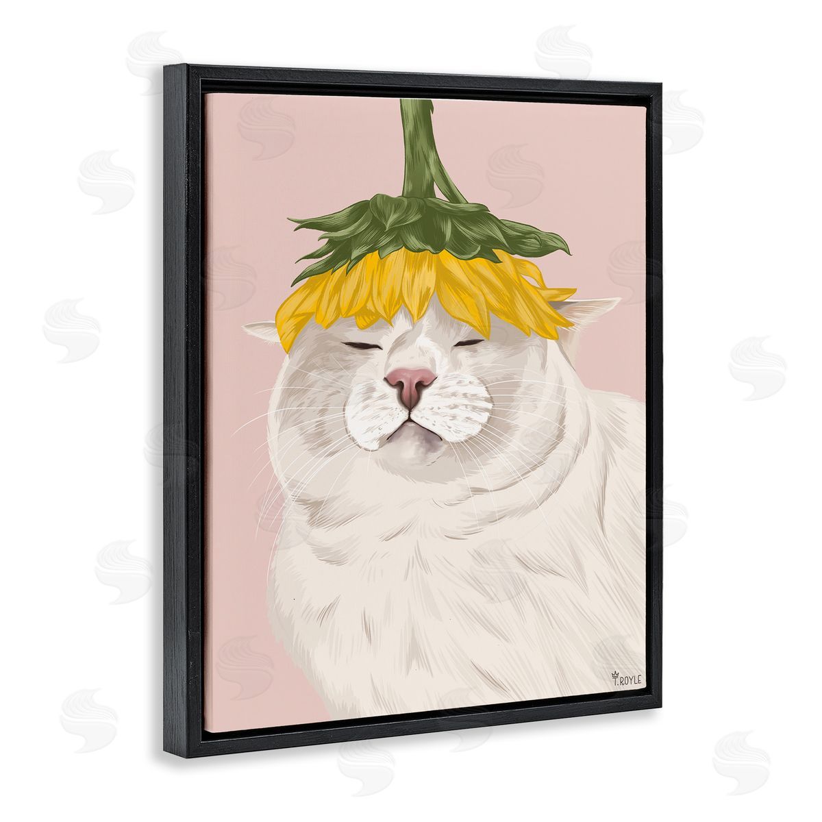 Cat with Daisy on Head Black Floating Frame Canvas Wall Art, Home Decor by Tara Royle