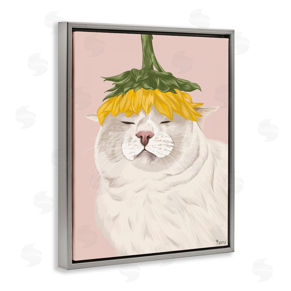 Cat with Daisy on Head Grey Floating Frame Canvas Wall Art, Home Decor by Tara Royle