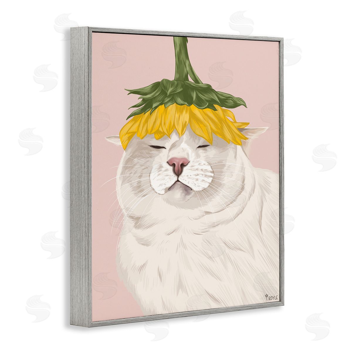 Cat with Daisy on Head Grey Frame Print Wall Art, Home Decor by Tara Royle