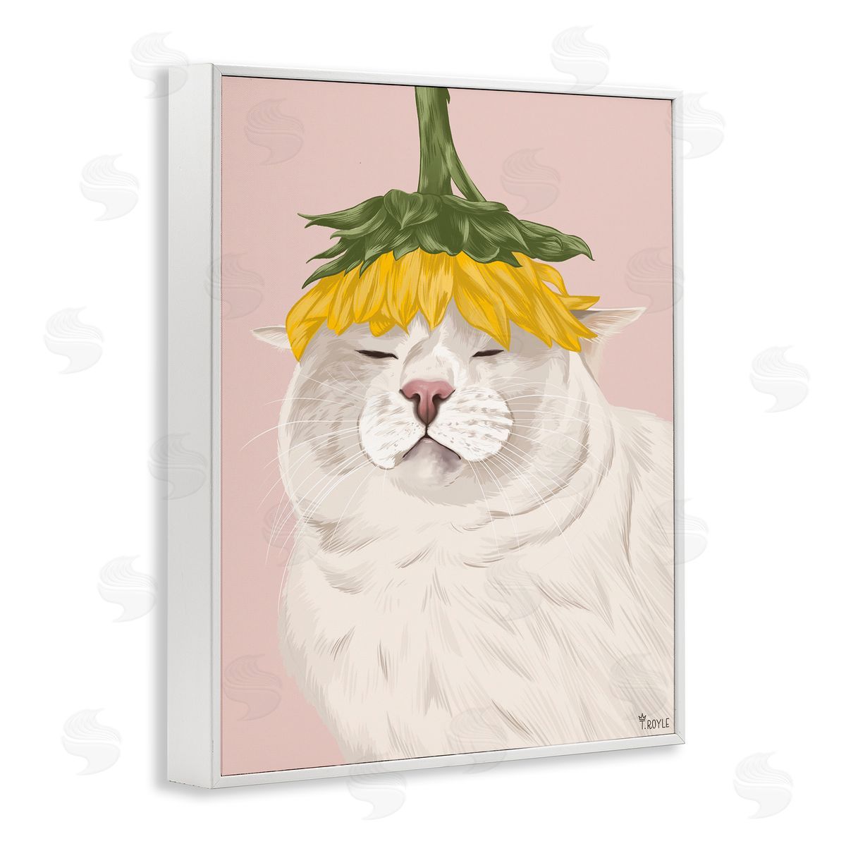 Cat with Daisy on Head White Frame Print Wall Art, Home Decor by Tara Royle