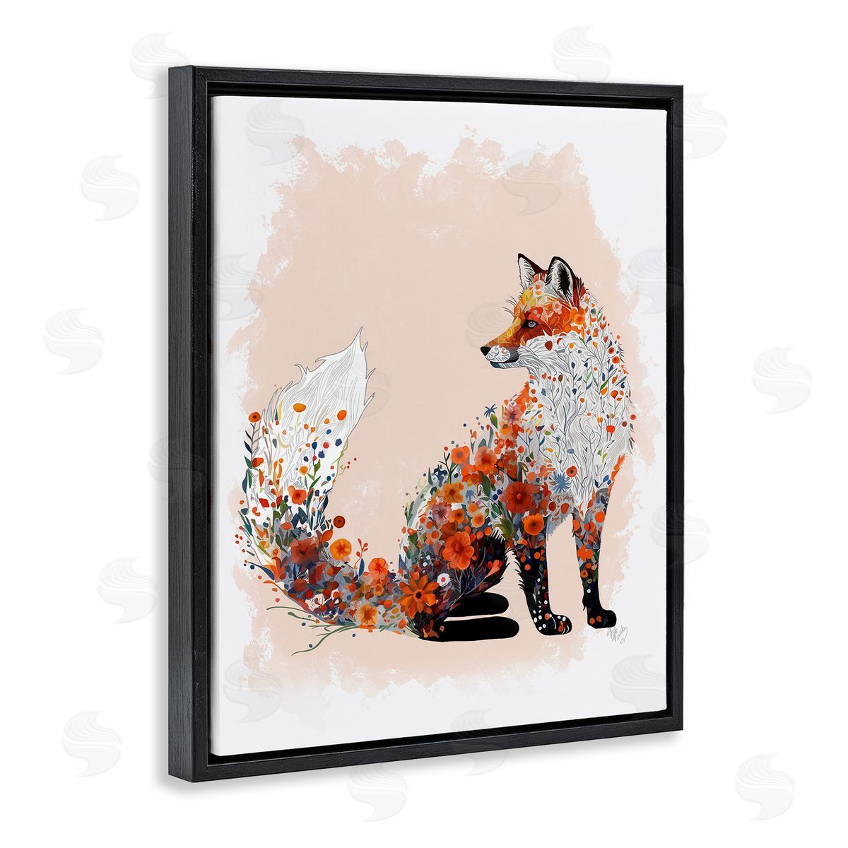 Wildflower Patterned Fox Black Floating Frame Canvas Wall Art, Home Decor by Fab Funky
