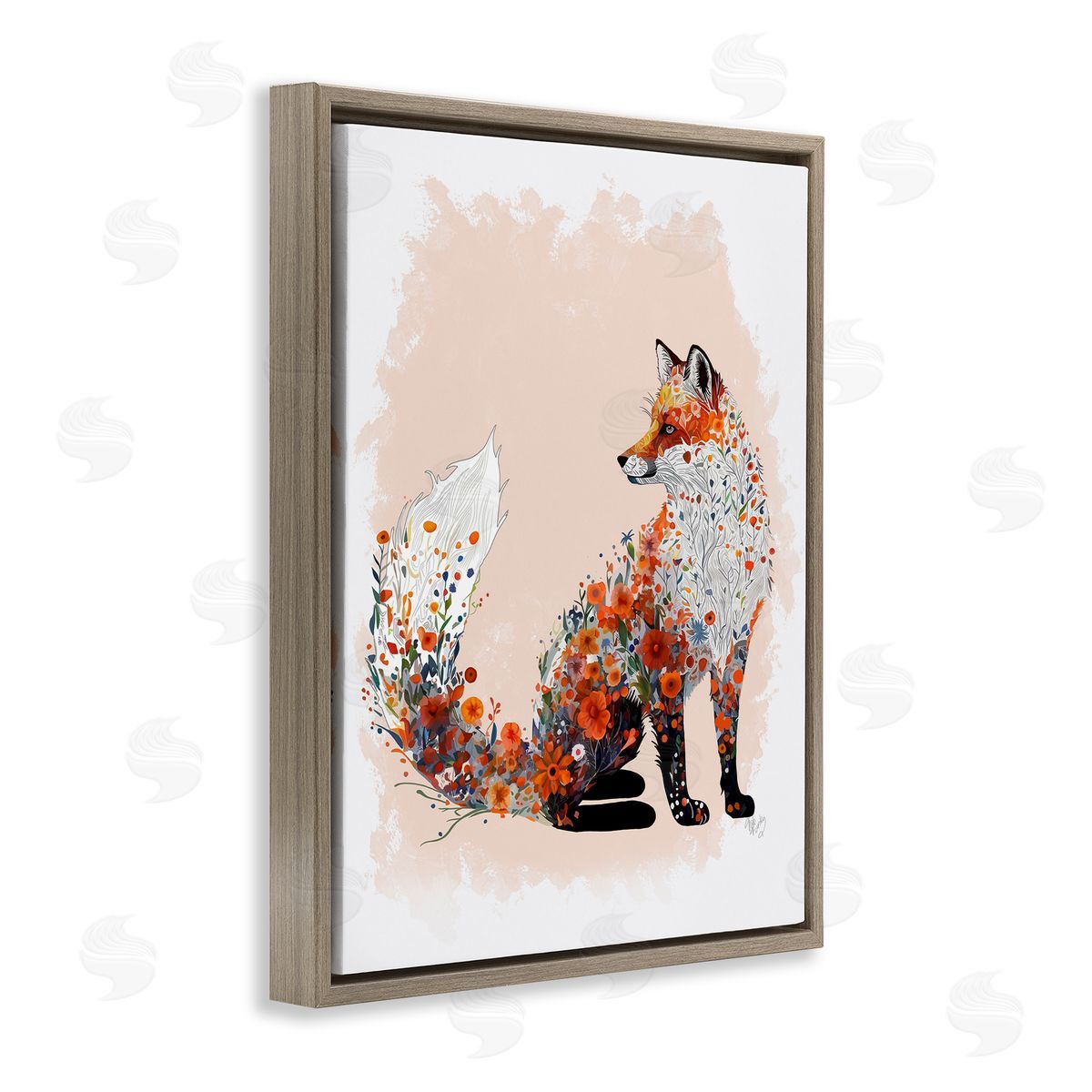 Wildflower Patterned Fox Brown Floating Frame Canvas Wall Art, Home Decor by Fab Funky