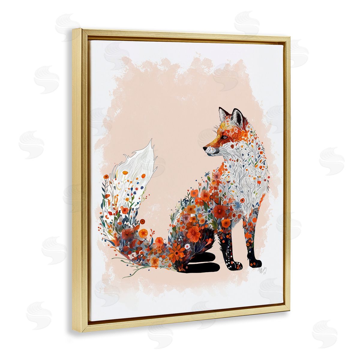 Wildflower Patterned Fox Gold Floating Frame Canvas Wall Art, Home Decor by Fab Funky