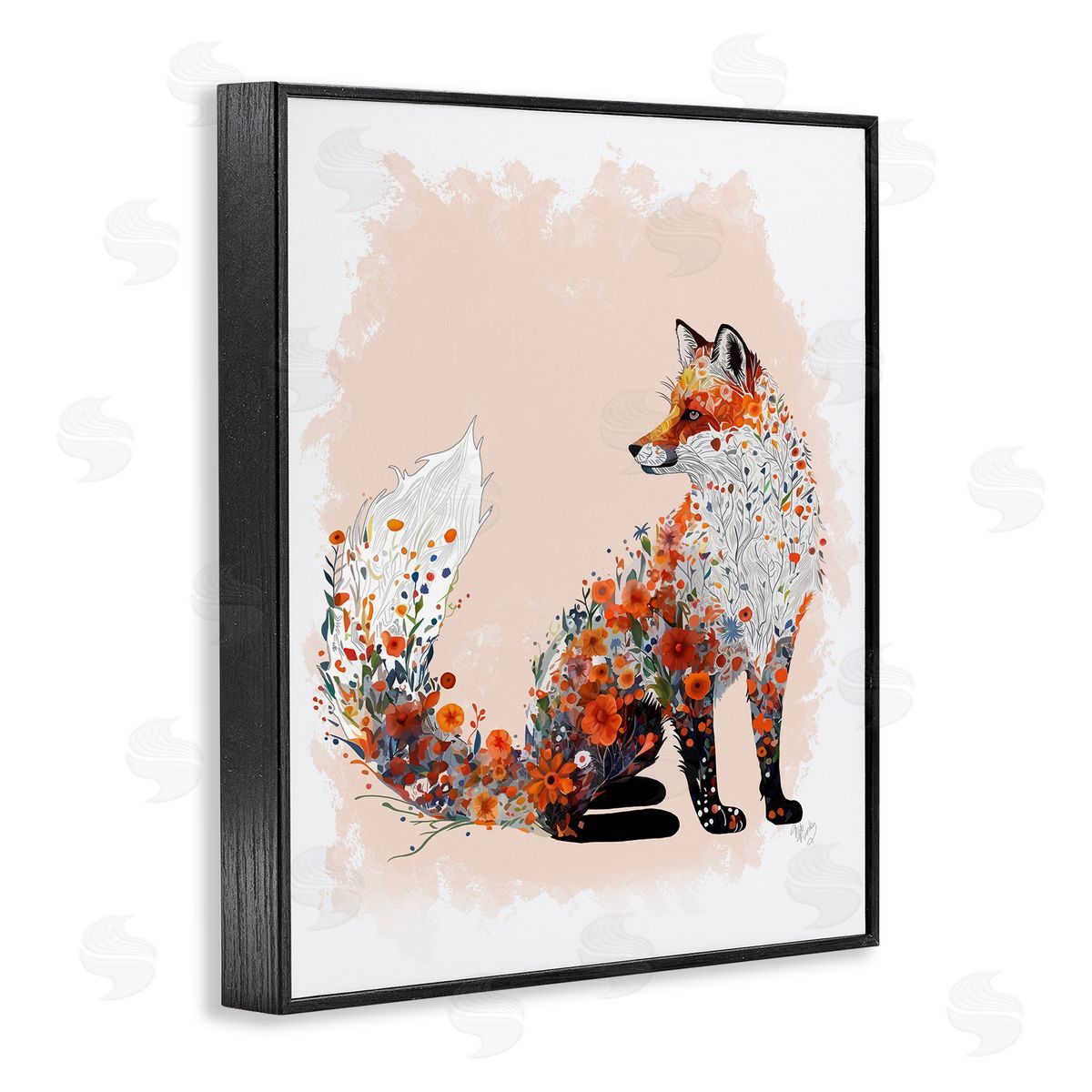 Wildflower Patterned Fox Black Frame Print Wall Art, Home Decor by Fab Funky