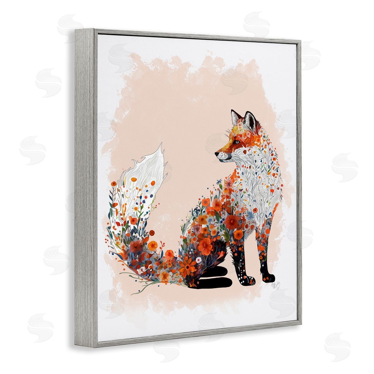 Wildflower Patterned Fox Grey Frame Print Wall Art, Home Decor by Fab Funky