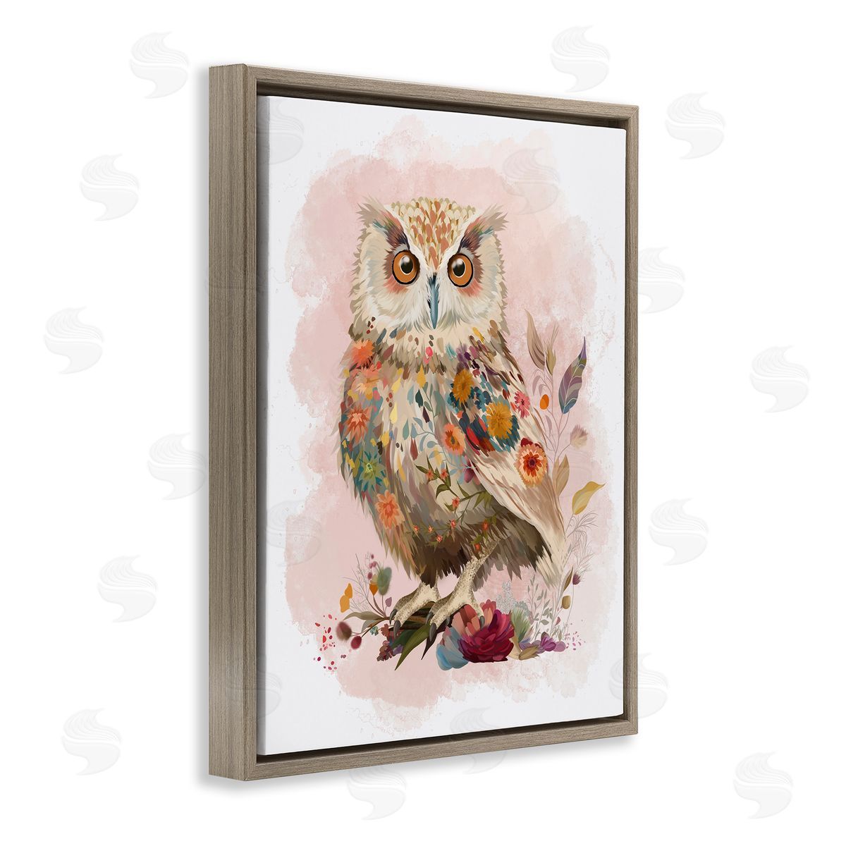 Owl and Wild Blooms Brown Floating Frame Canvas Wall Art, Home Decor by Fab Funky