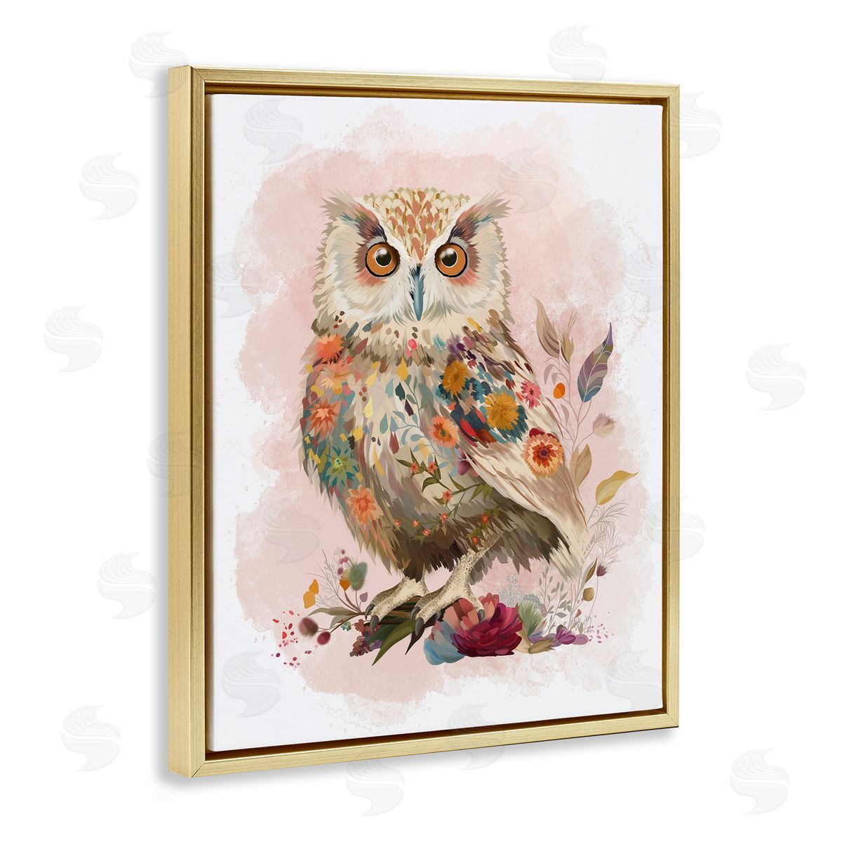 Owl and Wild Blooms Gold Floating Frame Canvas Wall Art, Home Decor by Fab Funky