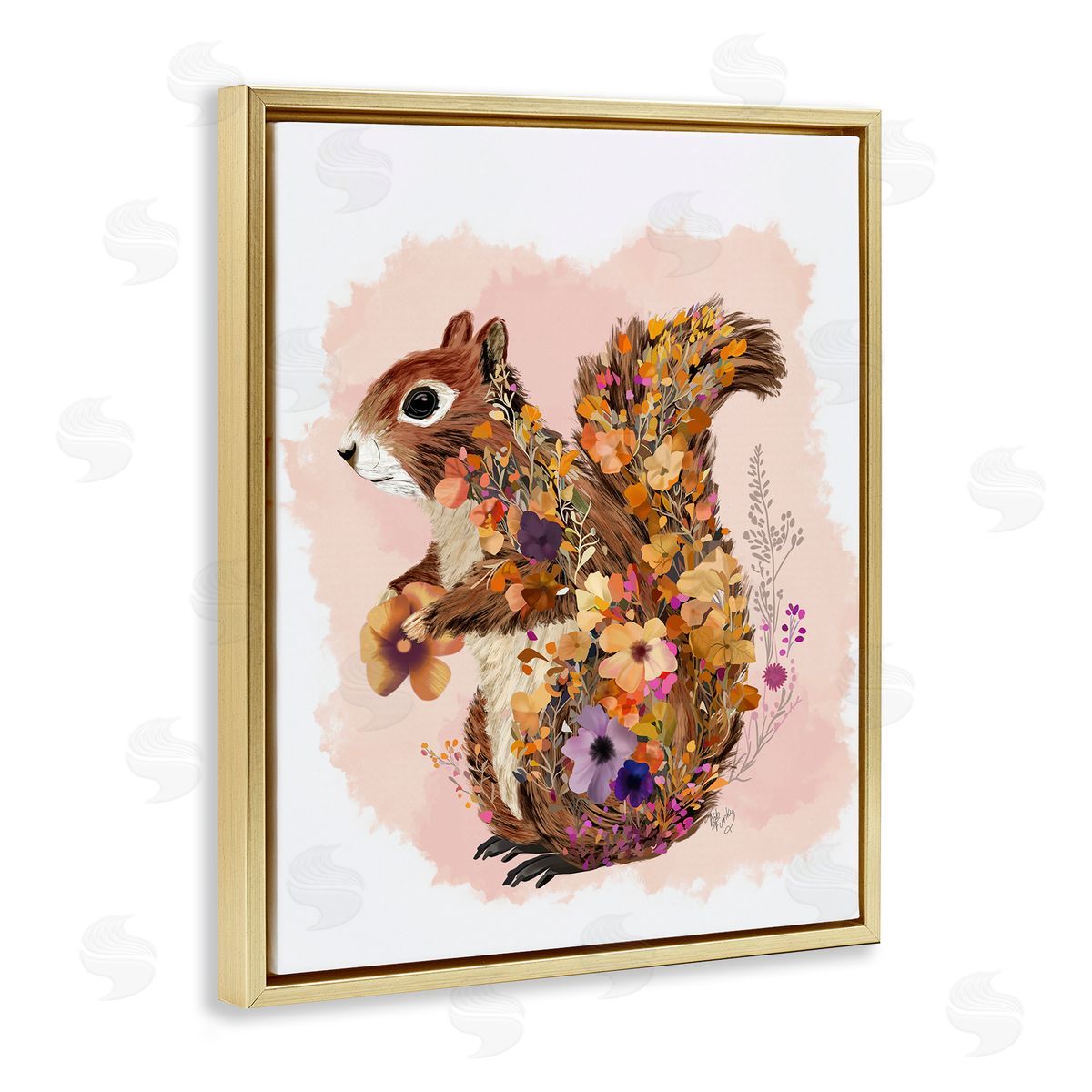 Wildflower Patterned Squirrel Gold Floating Frame Canvas Wall Art, Home Decor by Fab Funky