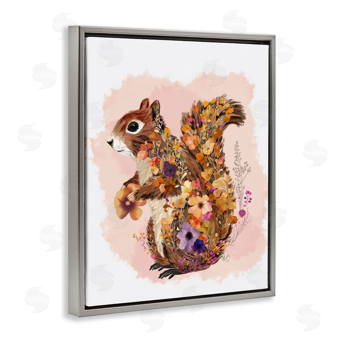 Wildflower Patterned Squirrel Grey Floating Frame Canvas Wall Art, Home Decor by Fab Funky