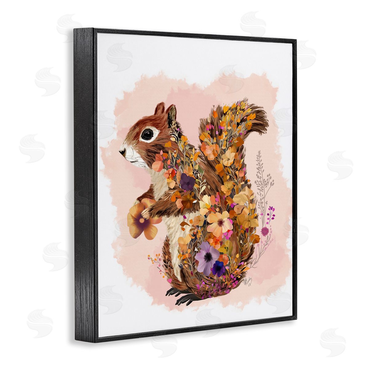 Wildflower Patterned Squirrel Black Frame Print Wall Art, Home Decor by Fab Funky