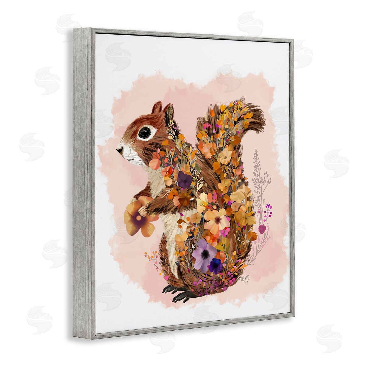 Wildflower Patterned Squirrel Grey Frame Print Wall Art, Home Decor by Fab Funky