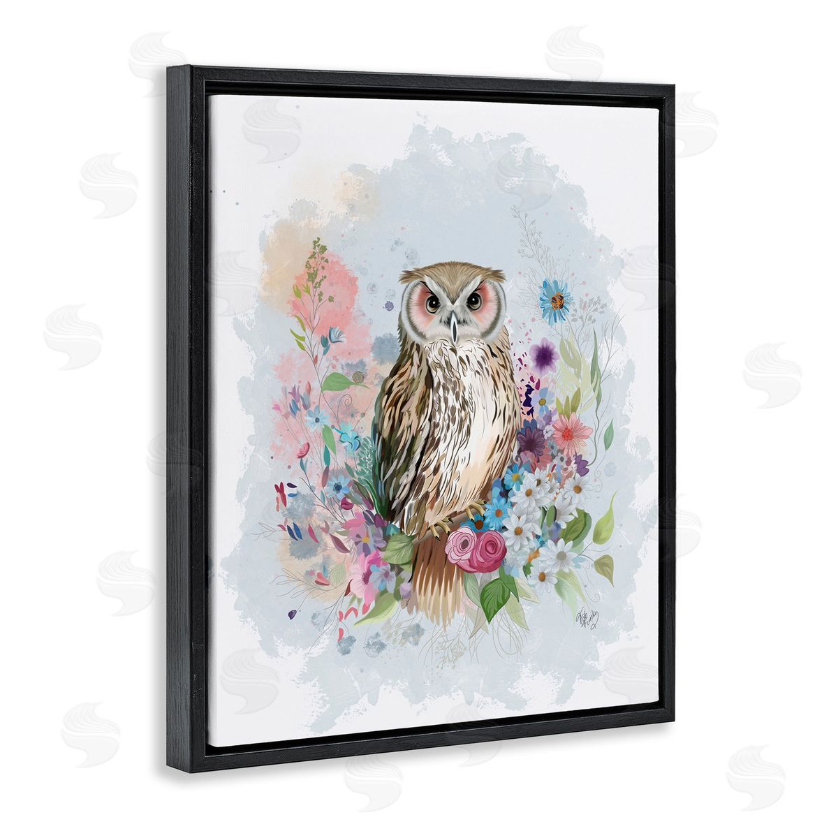 Owl and Floral Garland Black Floating Frame Canvas Wall Art, Home Decor by Fab Funky