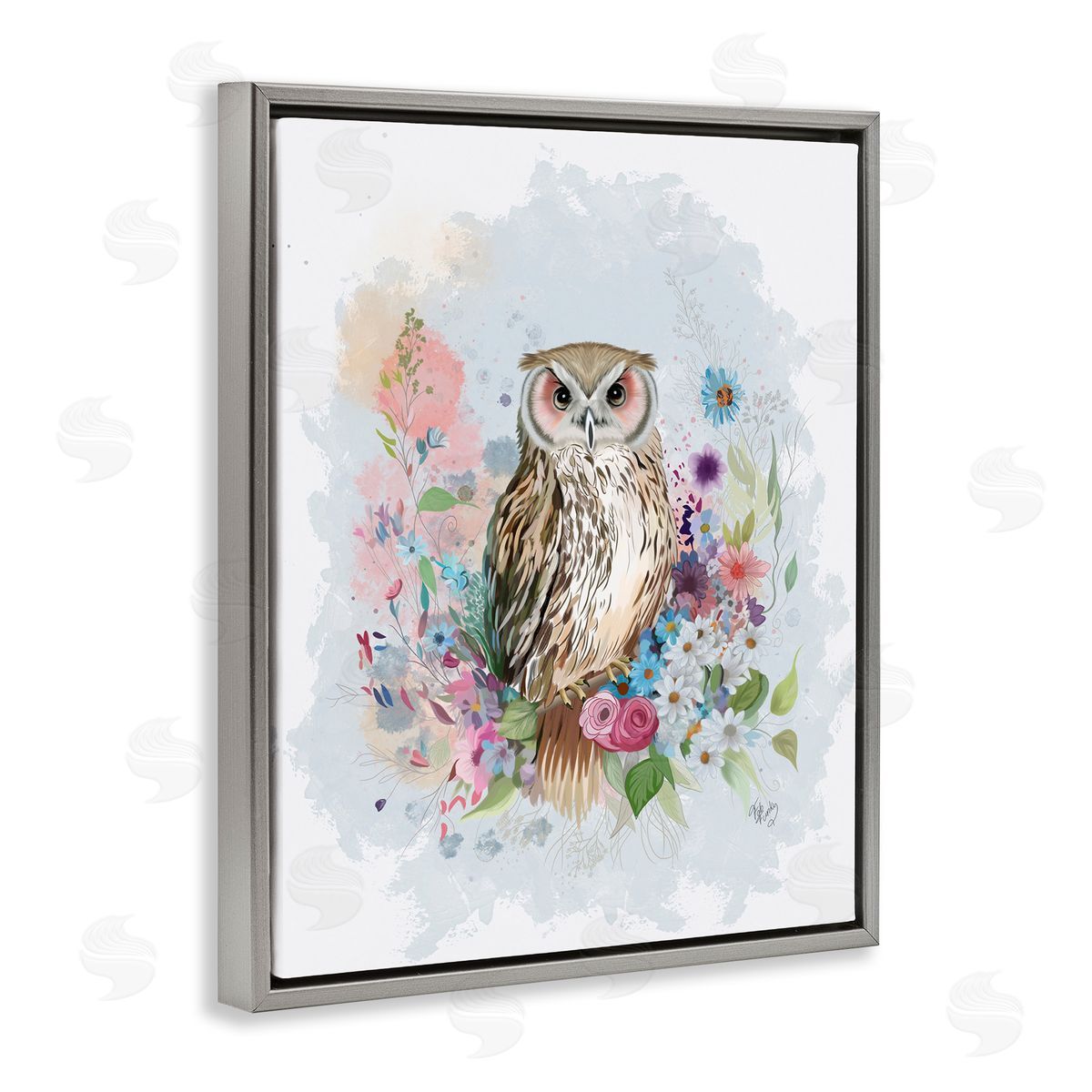 Owl and Floral Garland Grey Floating Frame Canvas Wall Art, Home Decor by Fab Funky