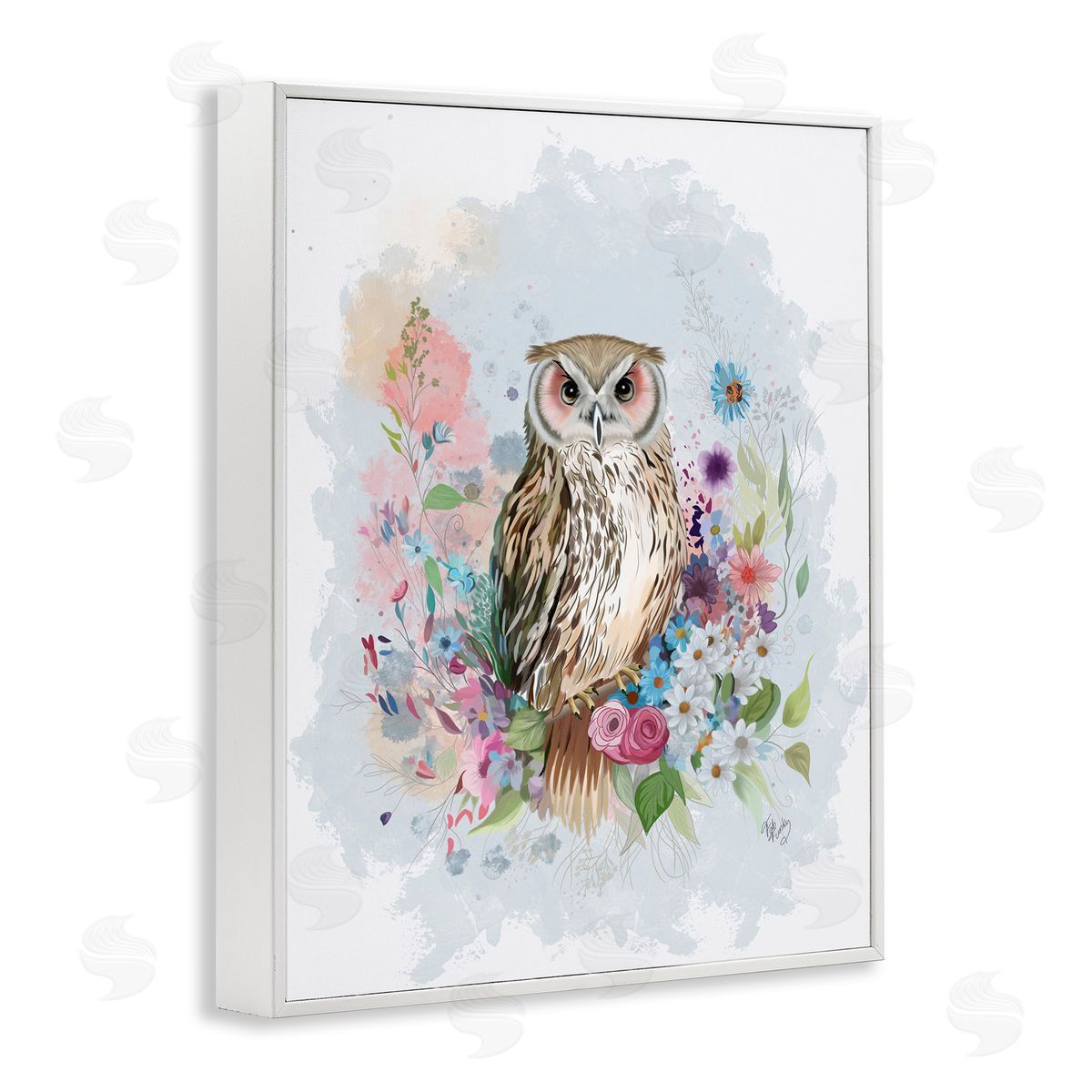 Owl and Floral Garland White Frame Print Wall Art, Home Decor by Fab Funky