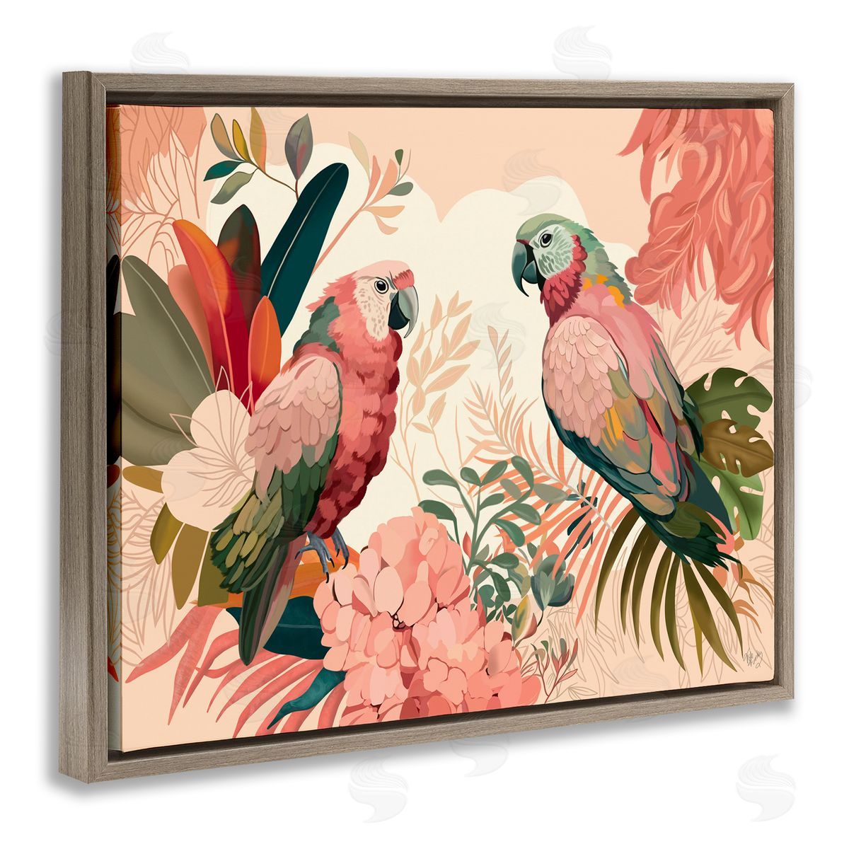 Pink Parrots and Leaves Brown Floating Frame Canvas Wall Art, Home Decor by Fab Funky