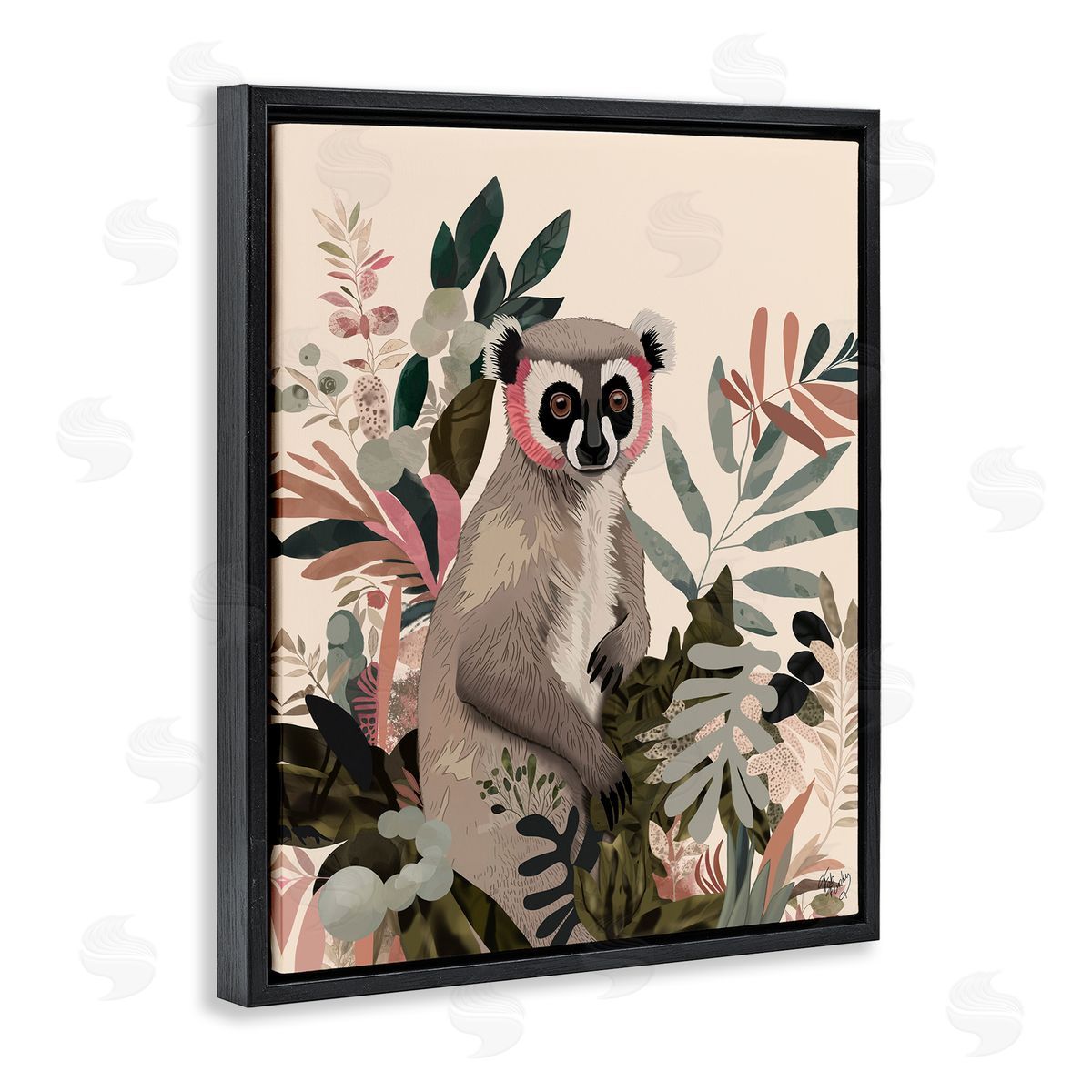 Lemur in Tropical Tree Black Floating Frame Canvas Wall Art, Home Decor by Fab Funky