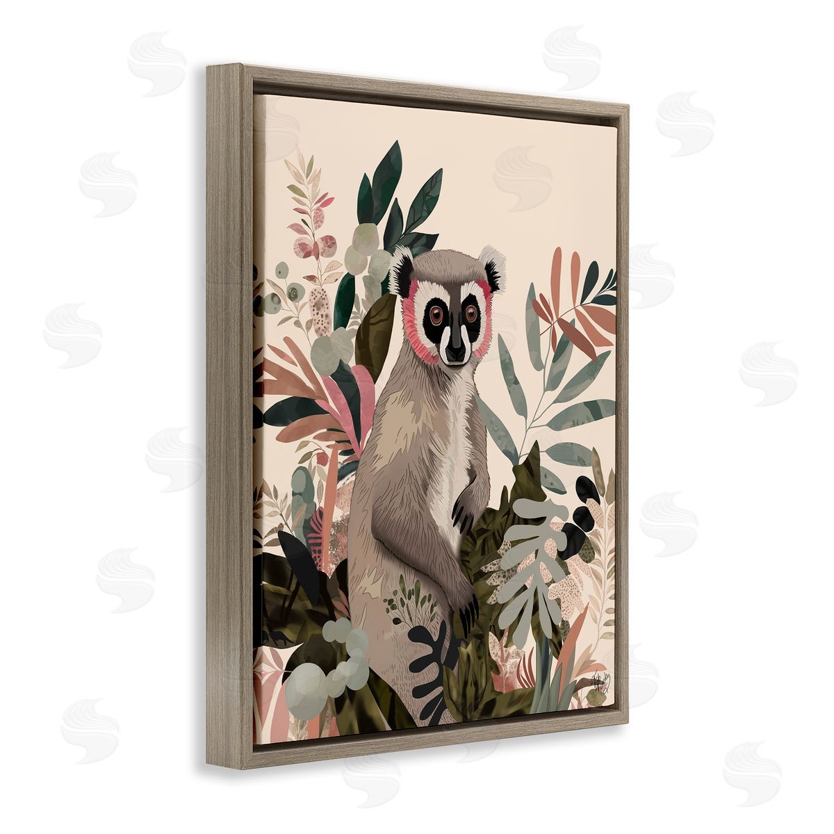 Lemur in Tropical Tree Brown Floating Frame Canvas Wall Art, Home Decor by Fab Funky
