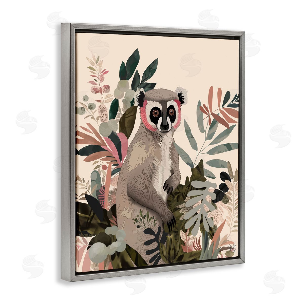 Lemur in Tropical Tree Grey Floating Frame Canvas Wall Art, Home Decor by Fab Funky