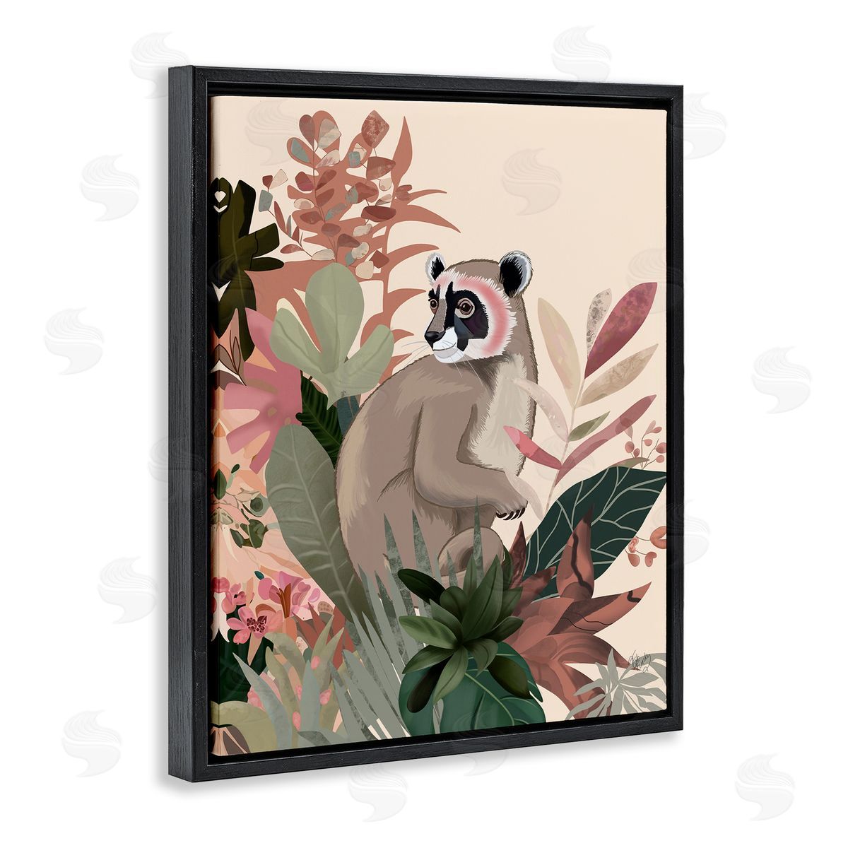 Lemur and Tropical Plants Black Floating Frame Canvas Wall Art, Home Decor by Fab Funky