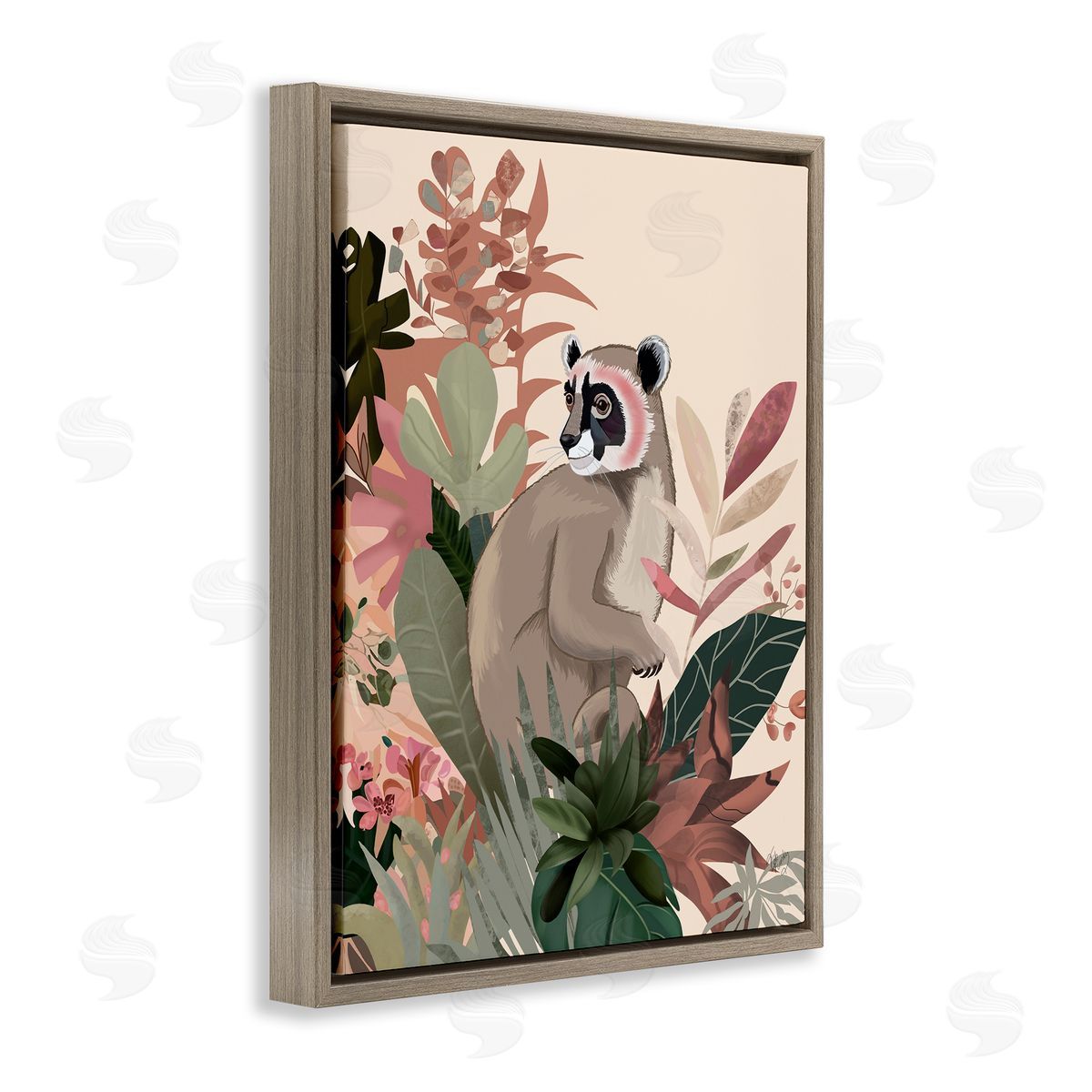 Lemur and Tropical Plants Brown Floating Frame Canvas Wall Art, Home Decor by Fab Funky